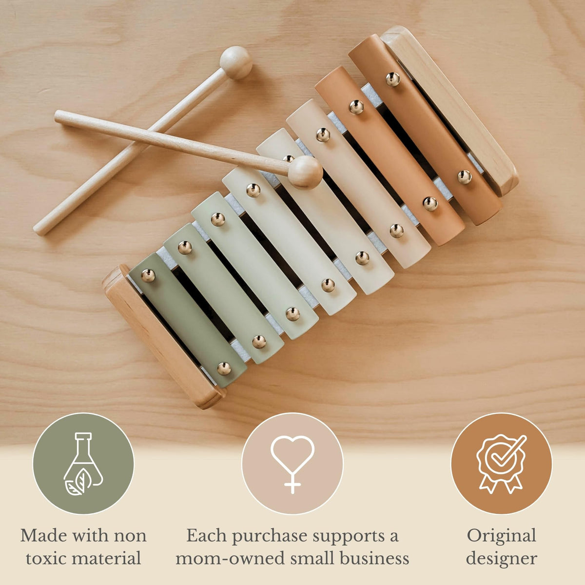 Brooklyn Neutral Xylophone shows Aspen wood and steel keys for durable, safe play.