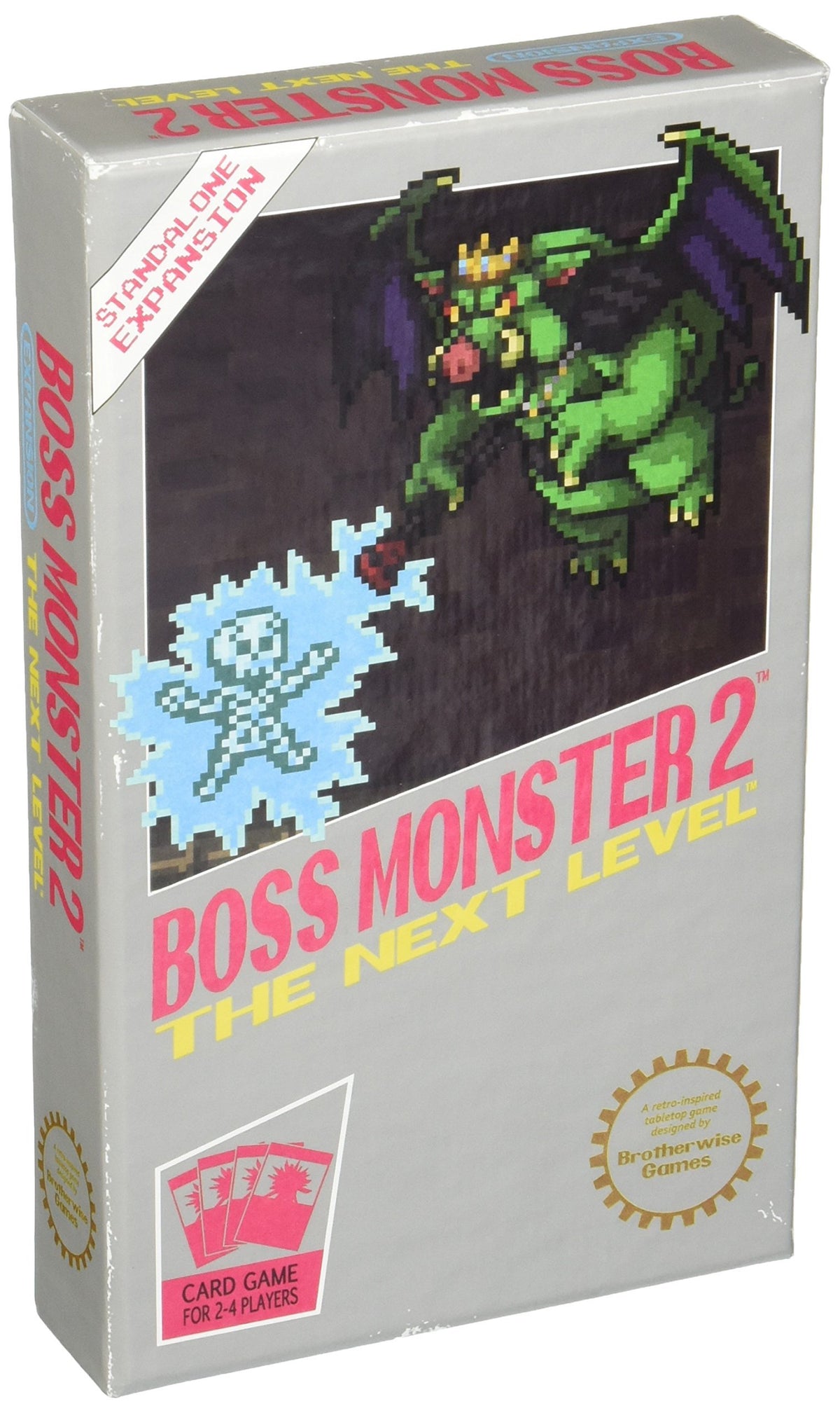 Brotherwise Games Boss Monster 2 card set artwork showcases arcade-inspired dungeon cards for strategy.