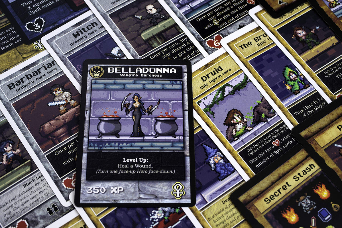 Brotherwise Games Boss Monster 2 game components display colorful traps, monsters, and spells for quick setup.