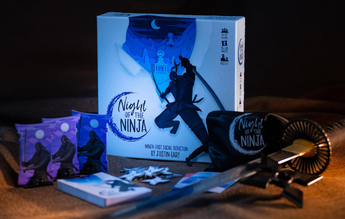 Night of the Ninja role cards by Brotherwise Games show dynamic gameplay visuals.