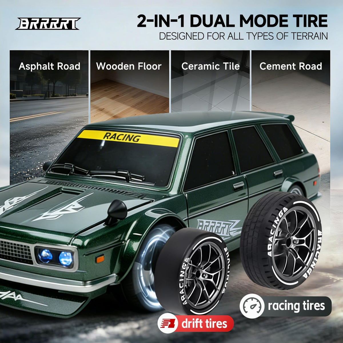 BRRRRT 1:24 RC drift tires enable quick drift-to-speed transitions.