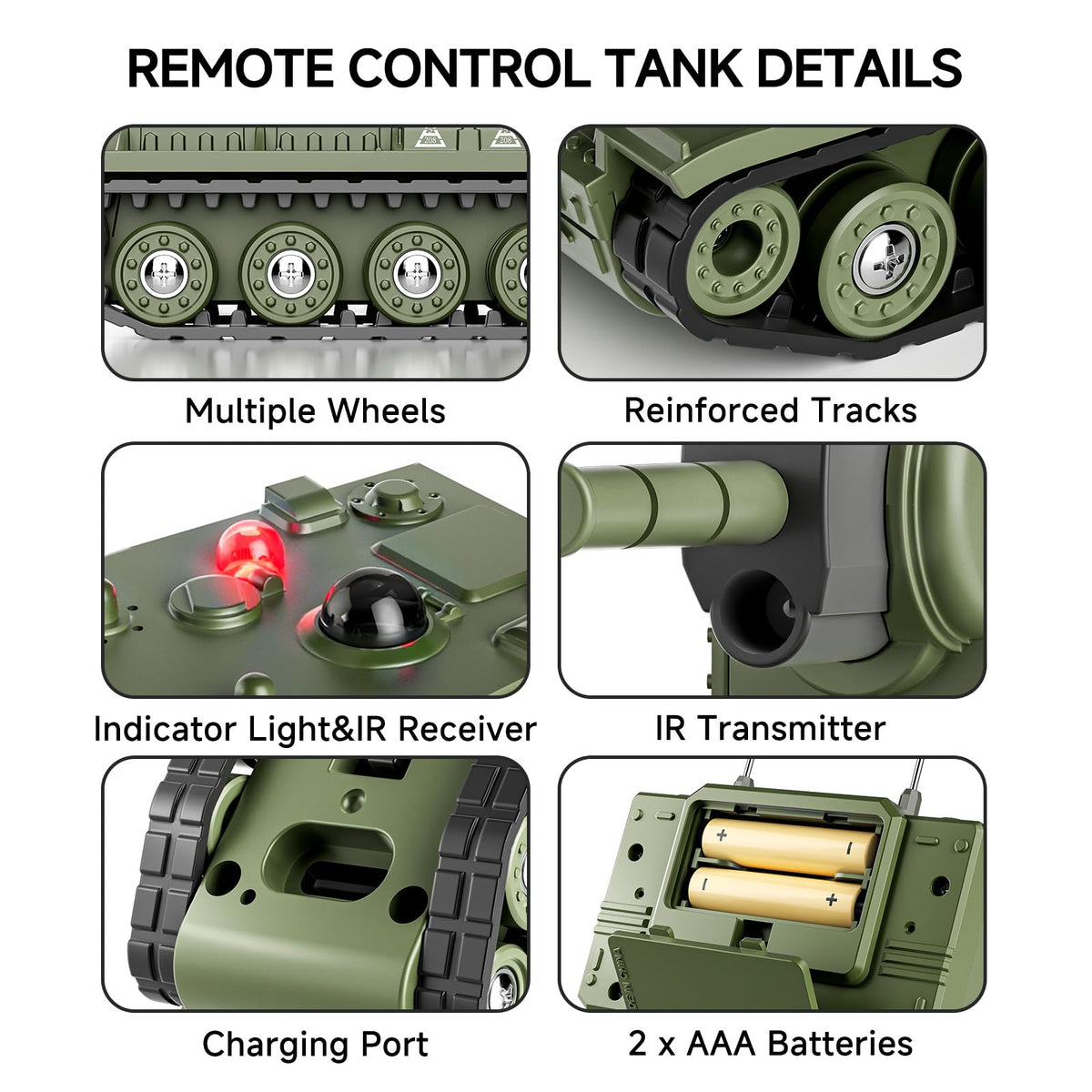 BRRRRT 1/64 RC Battle Tank – top view highlights LED life indicators for combat feedback.