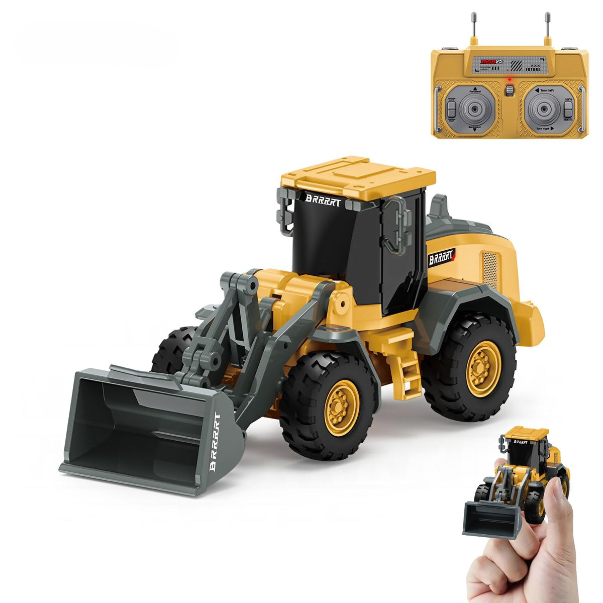 BRRRRT 1/64 RC Bulldozer compact size for portable play and desk setups.