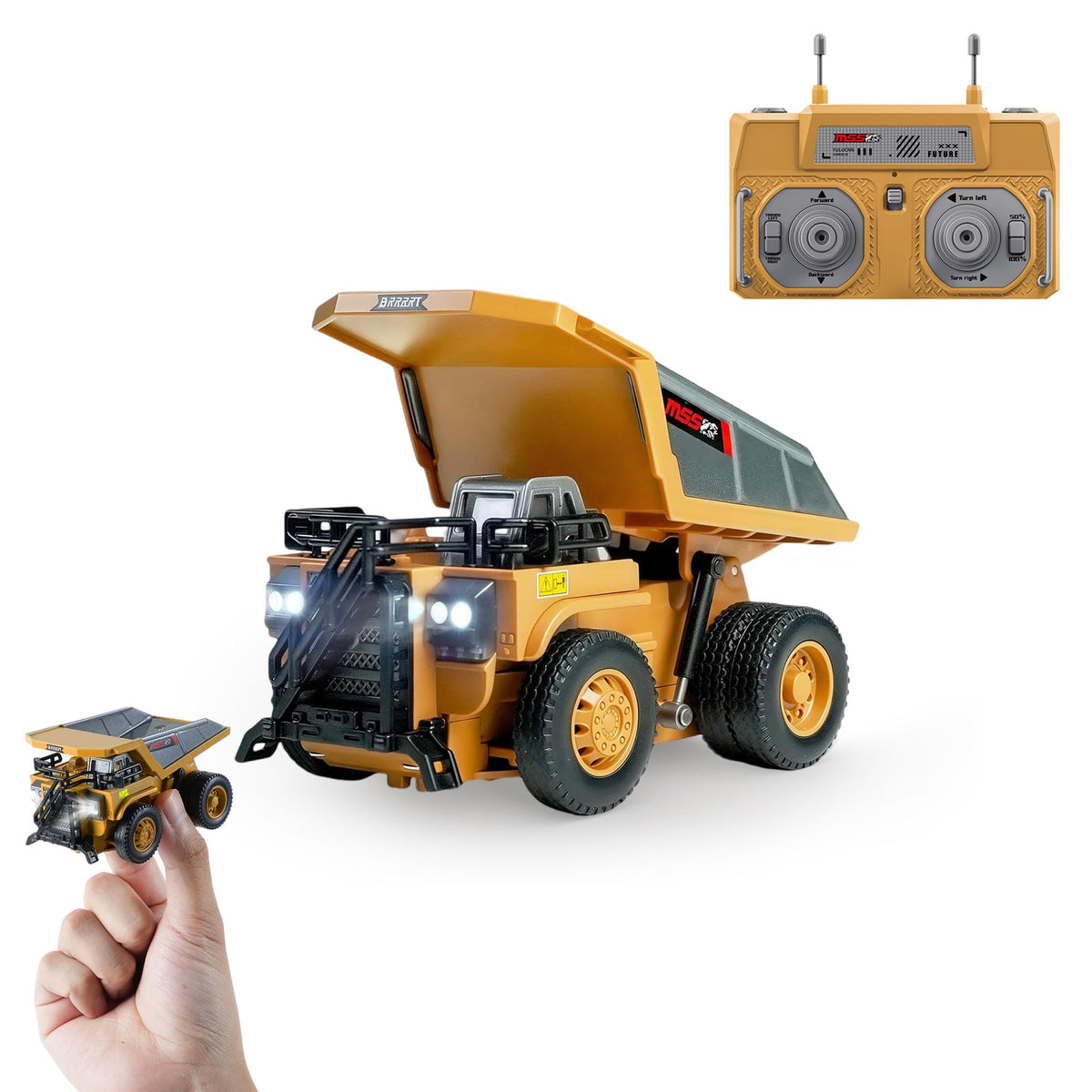 BRRRRT 1/64 RC dump truck with metal bed for realistic play.