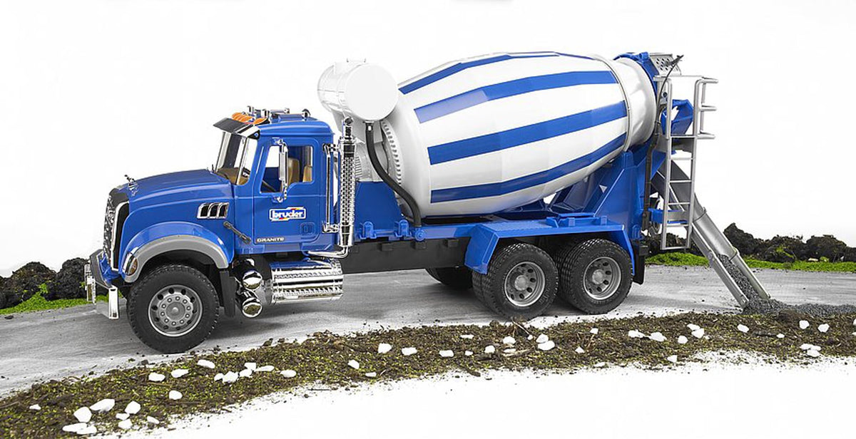 Bruder Mack Granite 1:16 scale cement mixer with dimensions 25.8 x 7.3 x 10.8 in