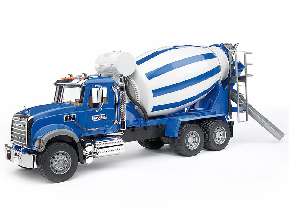 Bruder Mack Granite mixer truck front view with realistic detailing for imaginative play
