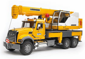 Bruder Mack Granite Liebherr crane truck with extended boom for tall lifting play