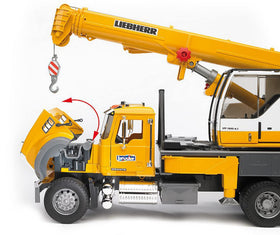 Bruder Mack Granite Liebherr crane truck hood view reveals engine-like detail