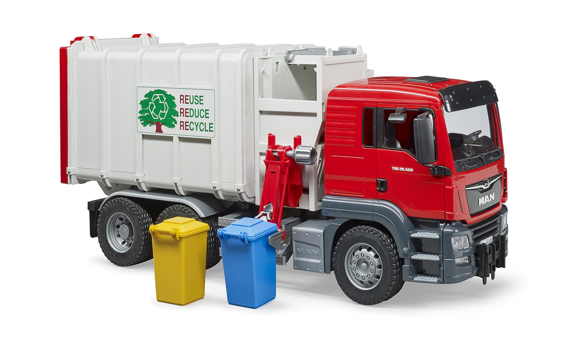 Bruder 03761 Man TGS side-loader truck front view highlights durable ABS and realistic scale.