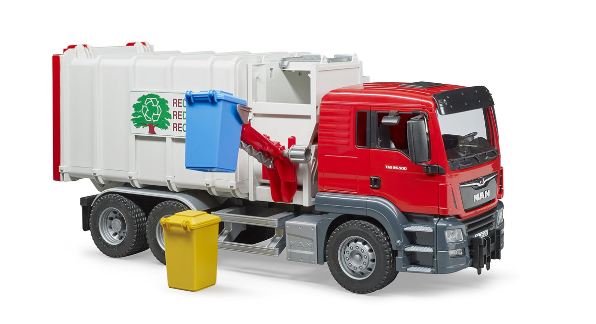 Bruder 03761 Man TGS side-loader truck open tailgate supports hands-on waste handling.