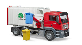 Bruder 03761 Man TGS side-loader truck open tailgate supports hands-on waste handling.
