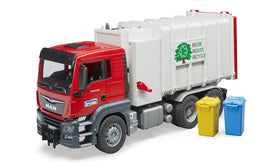 Bruder 03761 Man TGS side-loader arm demonstrates authentic bin lifting action.