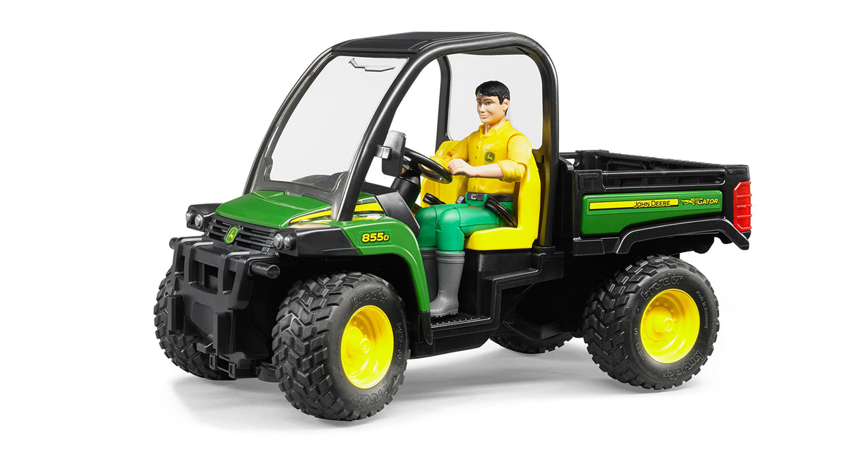Bruder John Deere Gator XUV 855D cabin view shows transparent, durable windows and driver figure