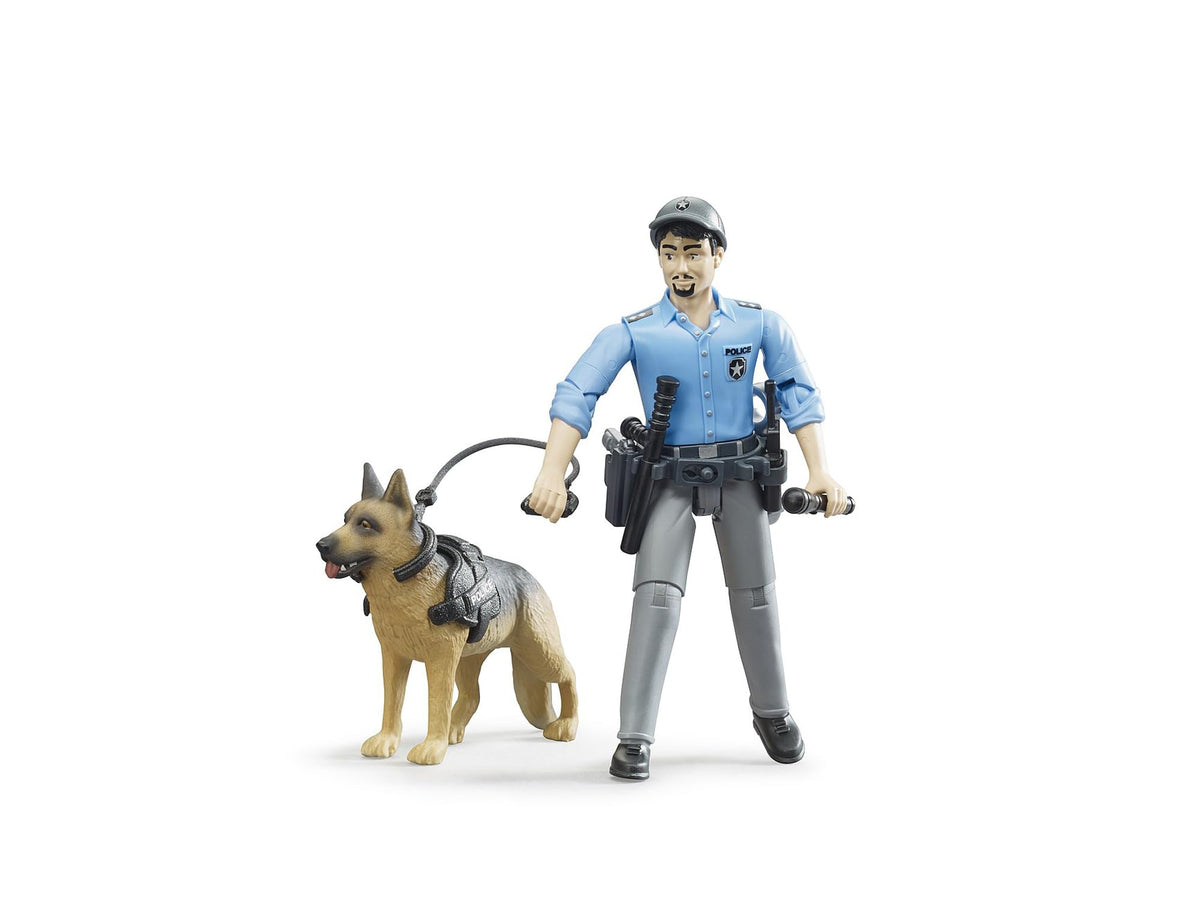 Bruder bworld police dog with lead and harness for guided canine play.