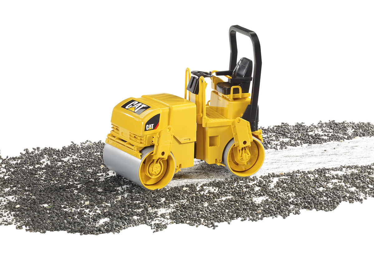 Bruder CAT asphalt drum compactor detailed rollers add authentic construction detail.