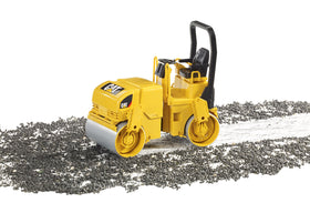 Bruder CAT asphalt drum compactor detailed rollers add authentic construction detail.
