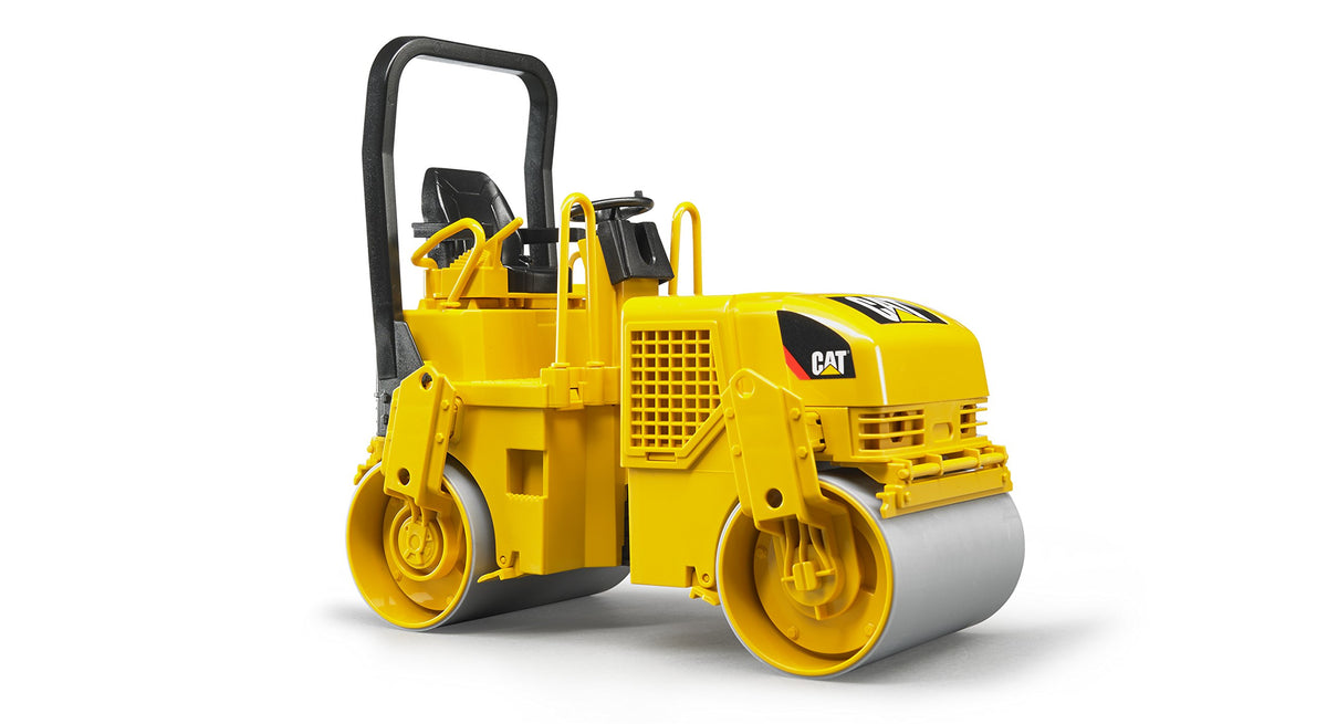 Bruder CAT asphalt drum compactor front view shows realistic detailing for imaginative play.