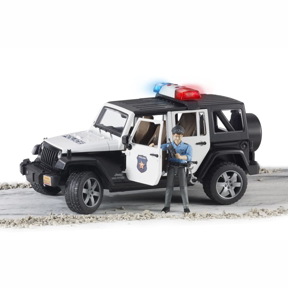 Bruder Jeep Rubicon Police car hood open to showcase interior details.