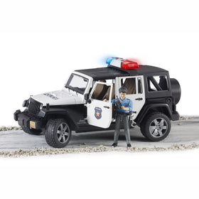 Bruder Jeep Rubicon Police car hood open to showcase interior details.