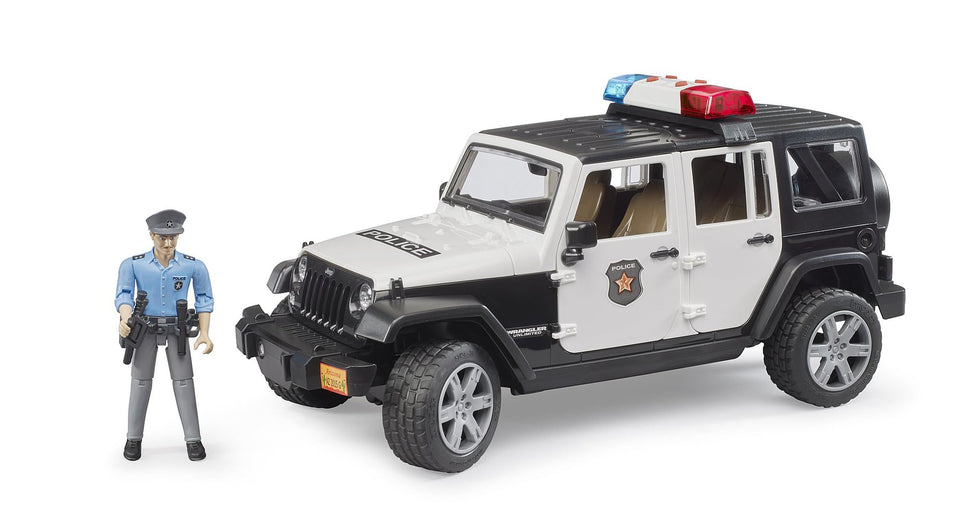 Bruder Jeep Rubicon Police car with roof light module for authentic patrol play.