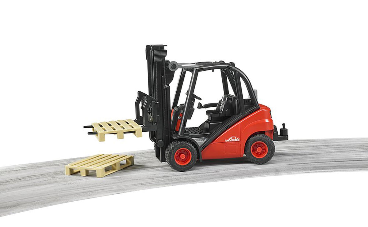 Bruder Linde H30D forklift with adjustable forks supports customized load handling.
