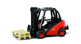 Bruder Linde H30D forklift with two pallets for realistic pretend warehouse play.