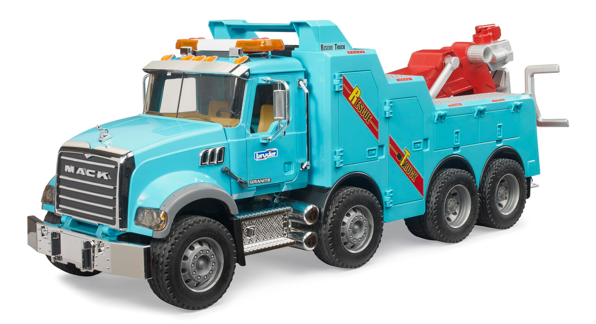 Bruder Mack Granite rescue wrecker front view with realistic lights for indoor and outdoor play