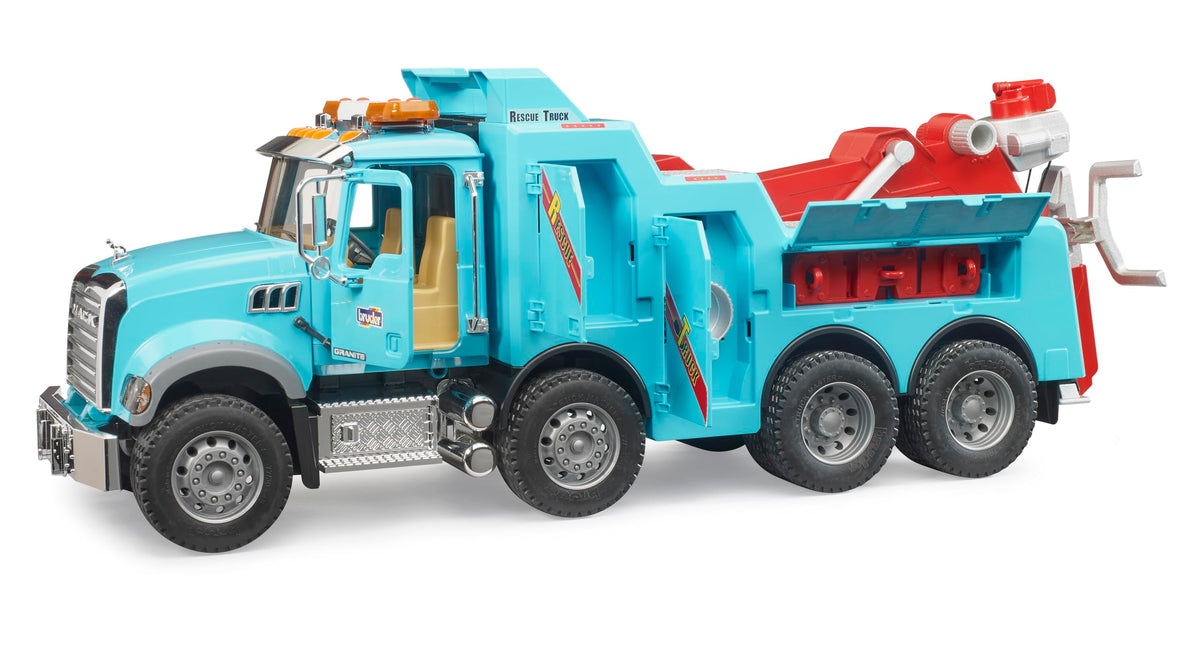 Bruder Mack Granite rescue wrecker side operation view highlighting the folding tow frame