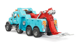 Bruder Mack Granite rescue wrecker winch and adjustable arm add realism for dramatic rescues