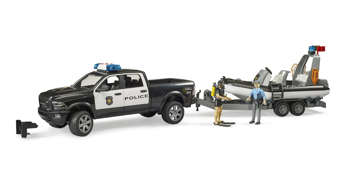 Bruder RAM 2500 police pickup truck opens doors for four bworld figures, ideal for imaginative play