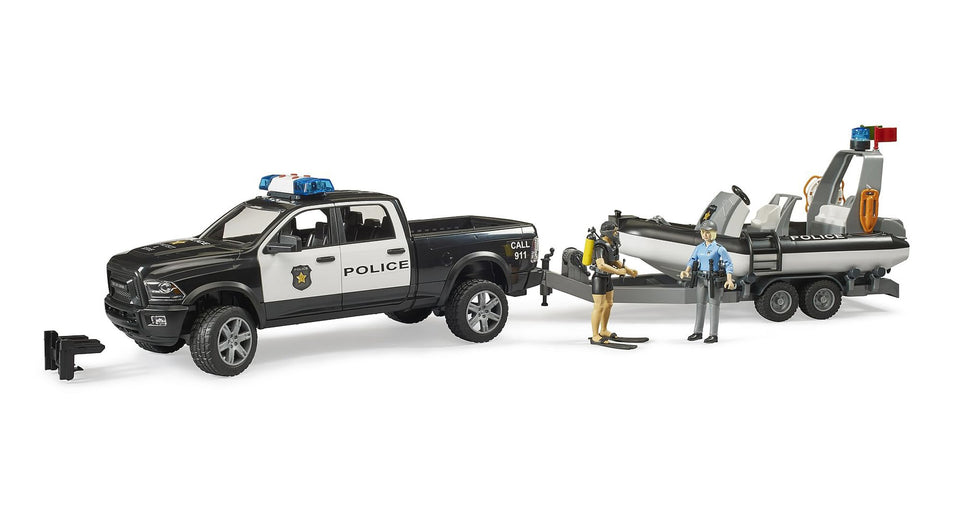 Bruder RAM 2500 police pickup truck opens doors for four bworld figures, ideal for imaginative play