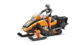 Bruder snowmobile with driver wearing helmet ready for action on rugged terrain