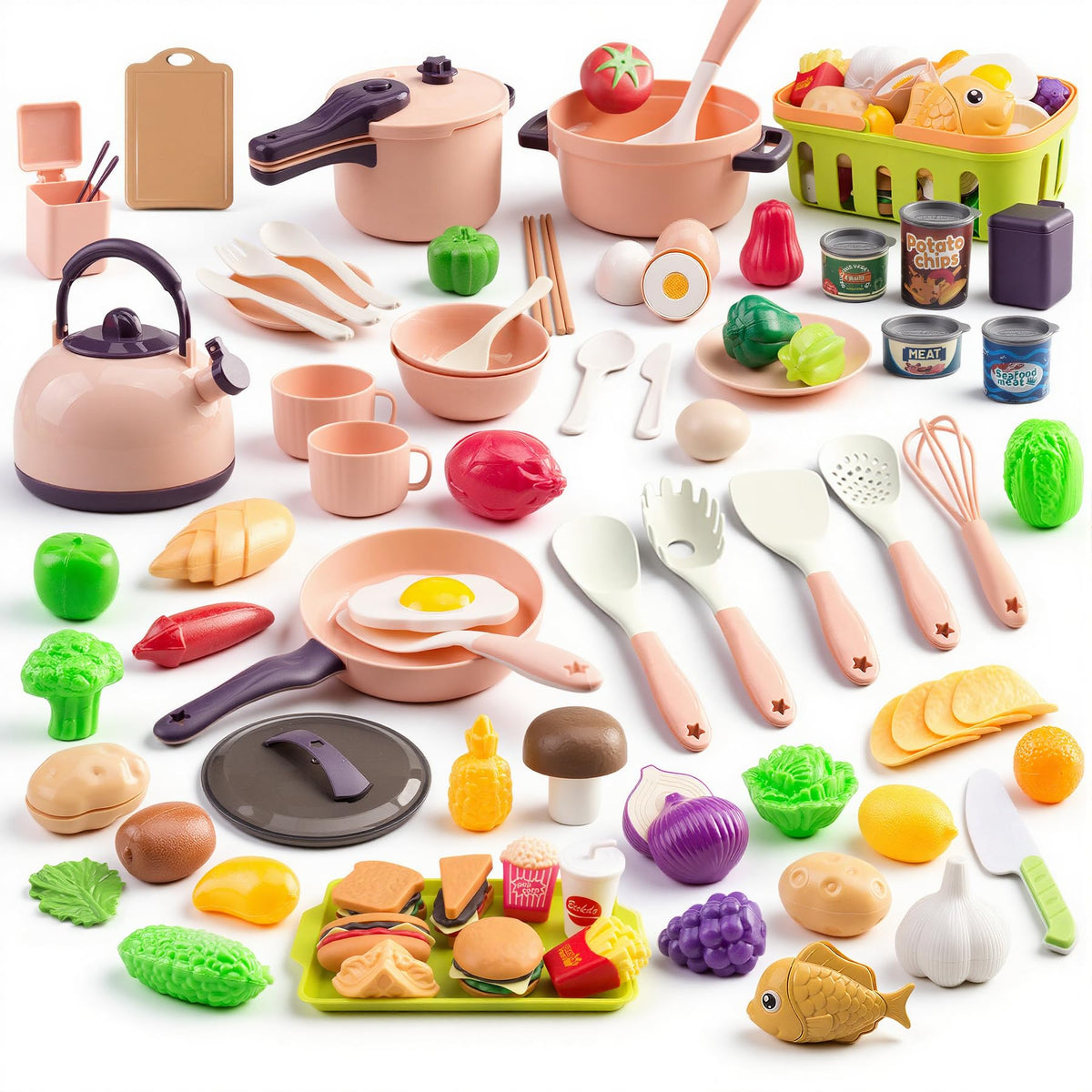 Bruvoalon 118Pcs pink cookware for imaginative pretend cooking sessions that spark creativity.