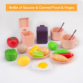 Bruvoalon pink storage basket keeps toy kitchen organized after creative cooking sessions.