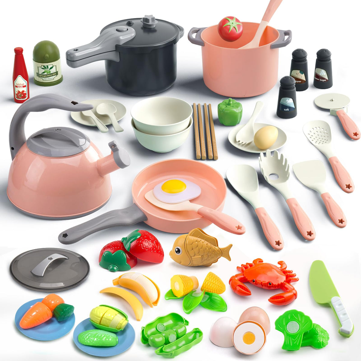 Bruvoalon 67Pcs play kitchen with teal pressure cooker for imaginative cooking play