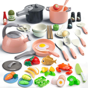 Bruvoalon 67Pcs play kitchen with teal pressure cooker for imaginative cooking play