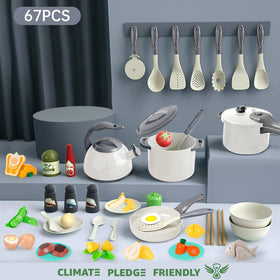 Bruvoalon kettle for pretend beverages in a kid-friendly play kitchen.
