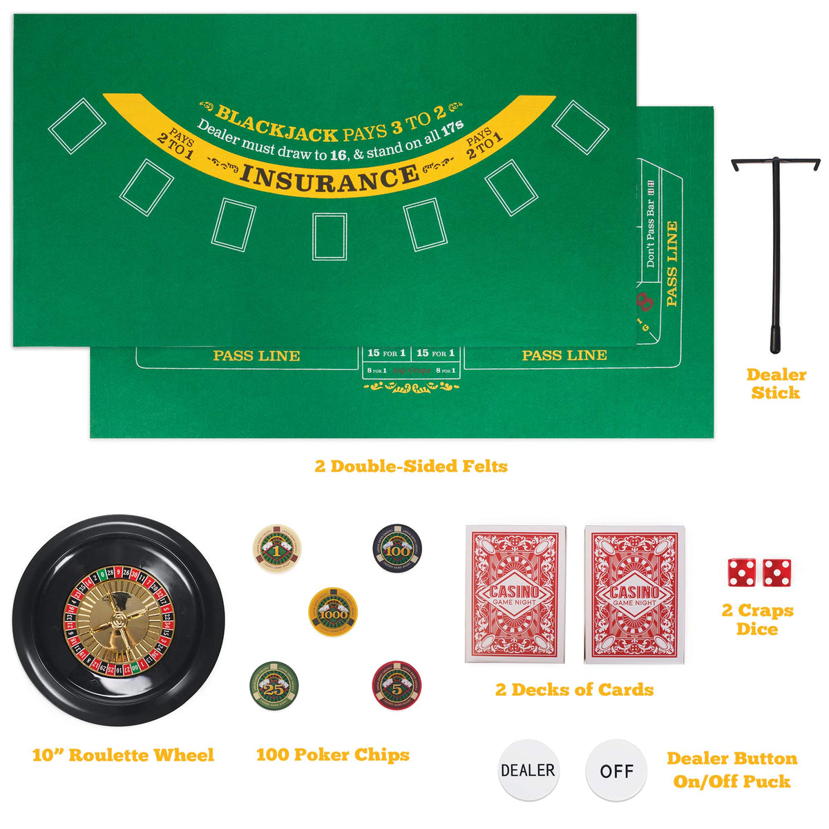 Brybelly cards, dice, dealer button included for immediate casino gameplay.