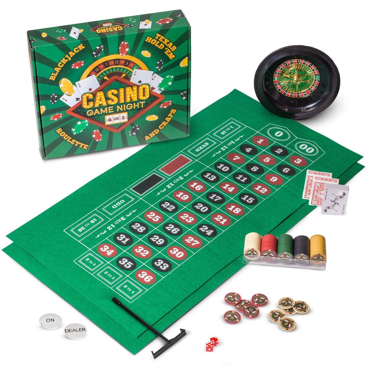 Brybelly Casino Night 4-in-1 set on green felt table for home casino entertainment.