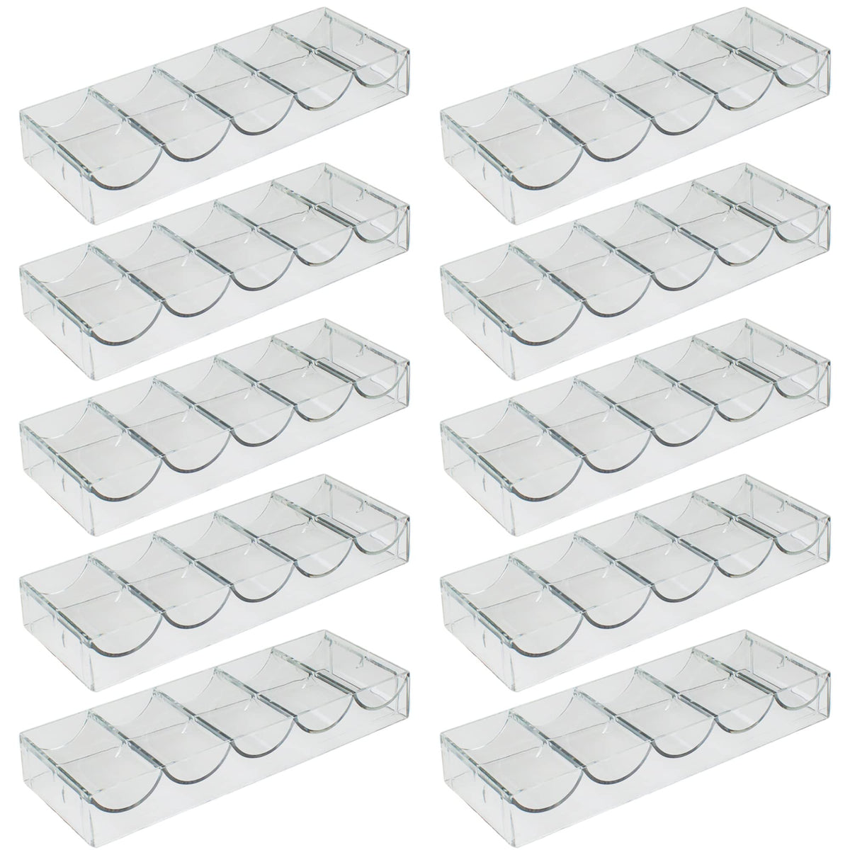 Brybelly clear acrylic poker chip trays front view showing 100-chip capacity