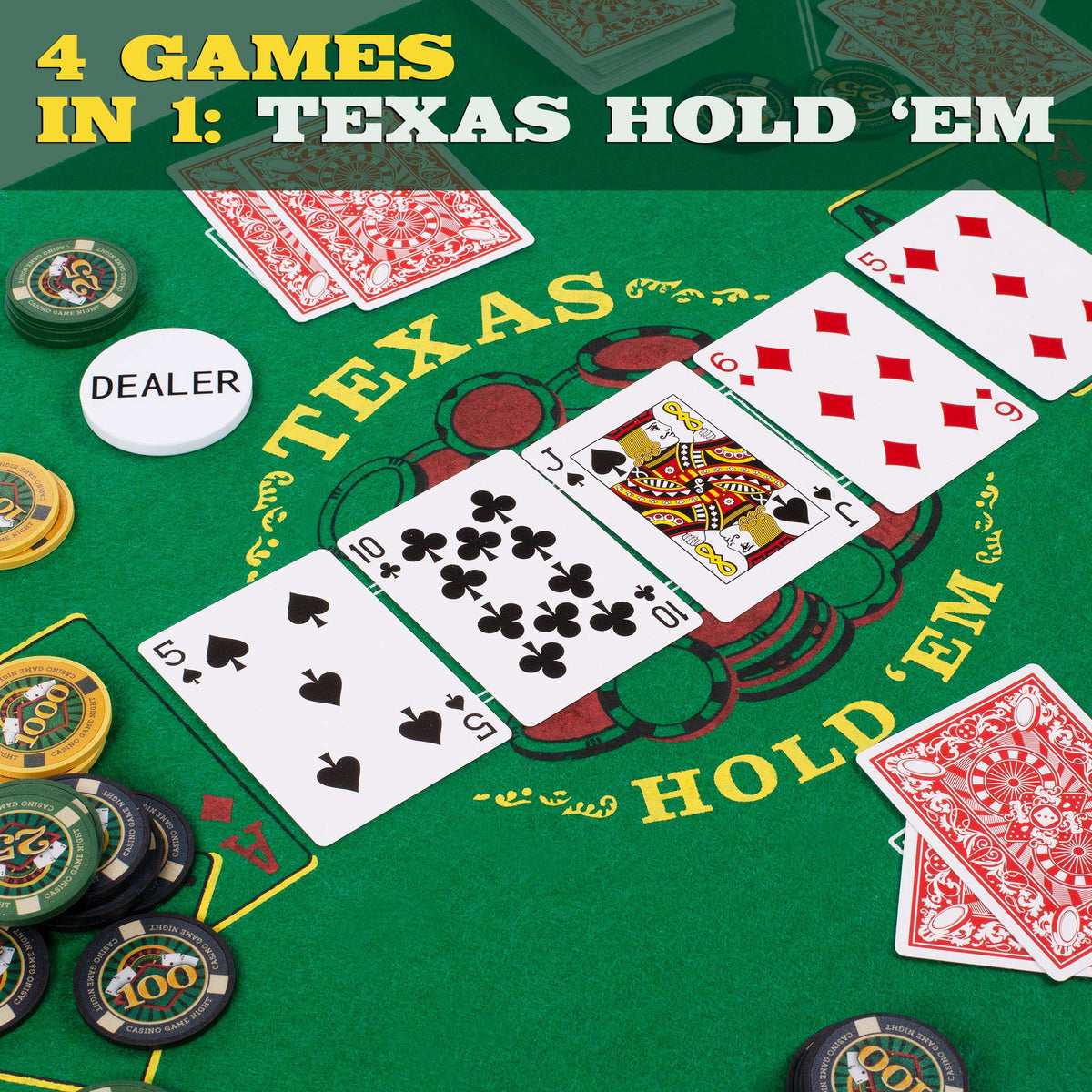 Brybelly double-sided felt mats provide versatile layouts for four games.