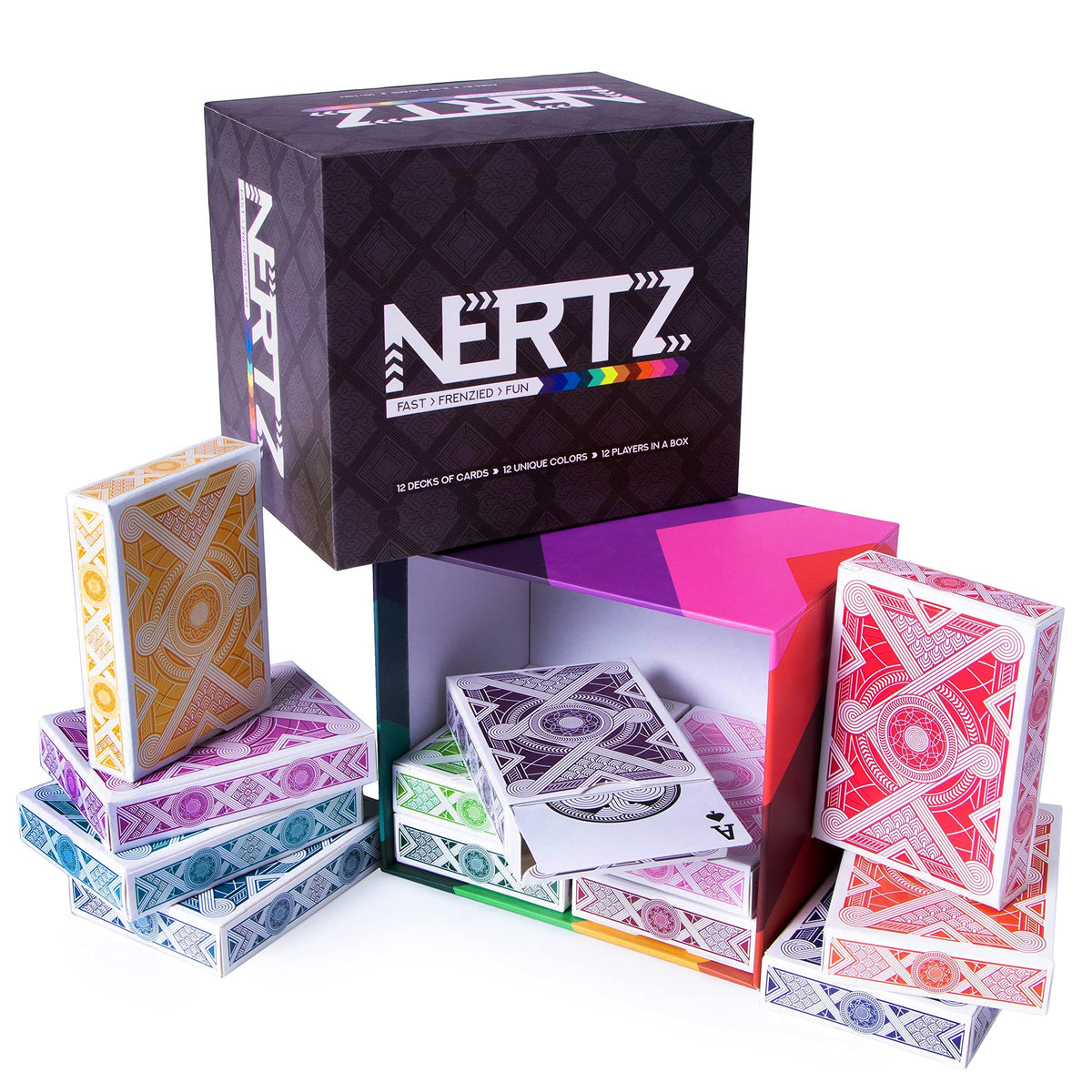 Brybelly Nertz card game with twelve colored decks fanned for instant group play