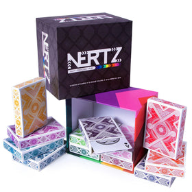 Brybelly Nertz card game with twelve colored decks fanned for instant group play