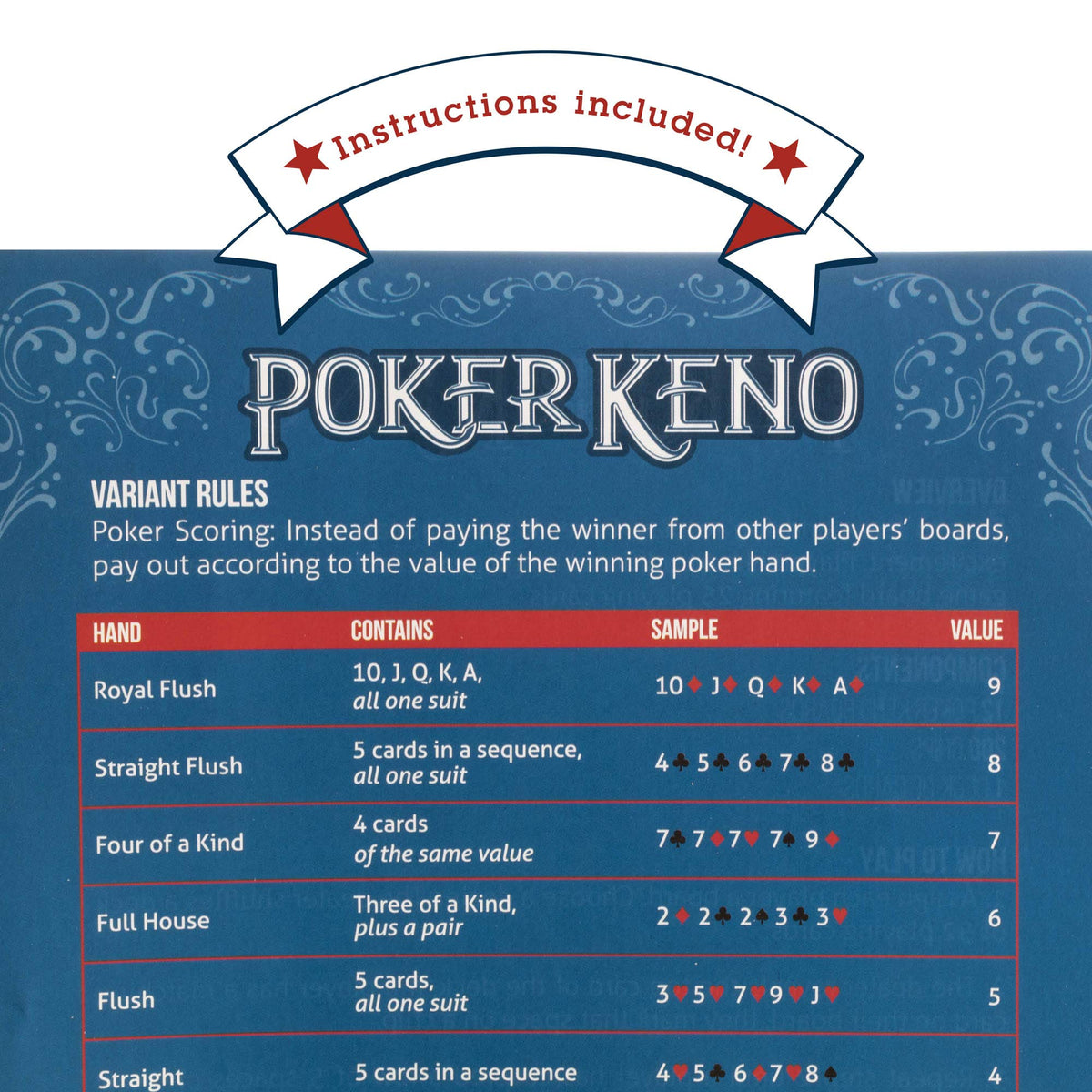 Brybelly Poker Keno Set instruction card simplifies learning