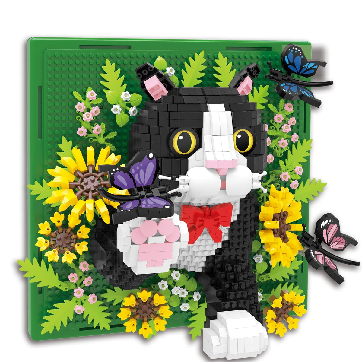 BseSparklion Flowers Tuxedo Cat wall art with vibrant micro blocks for stylish decor.