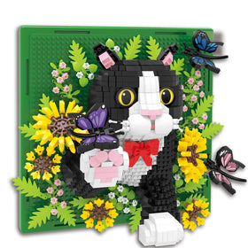 BseSparklion Flowers Tuxedo Cat wall art with vibrant micro blocks for stylish decor.
