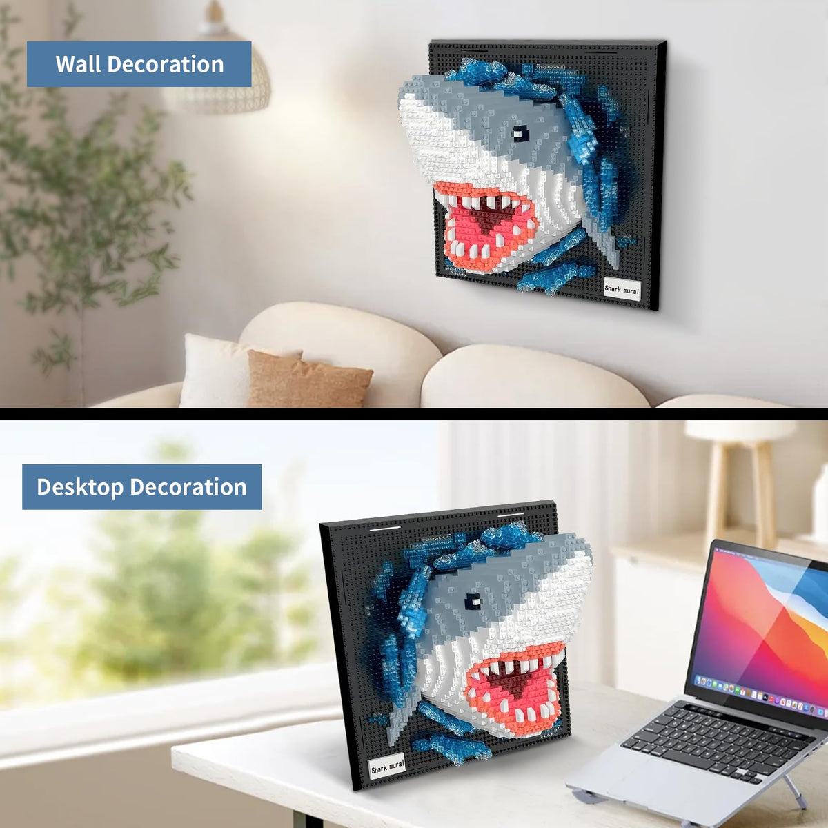 BseSparklion shark wall decor displayed on wall or tabletop for versatile display.