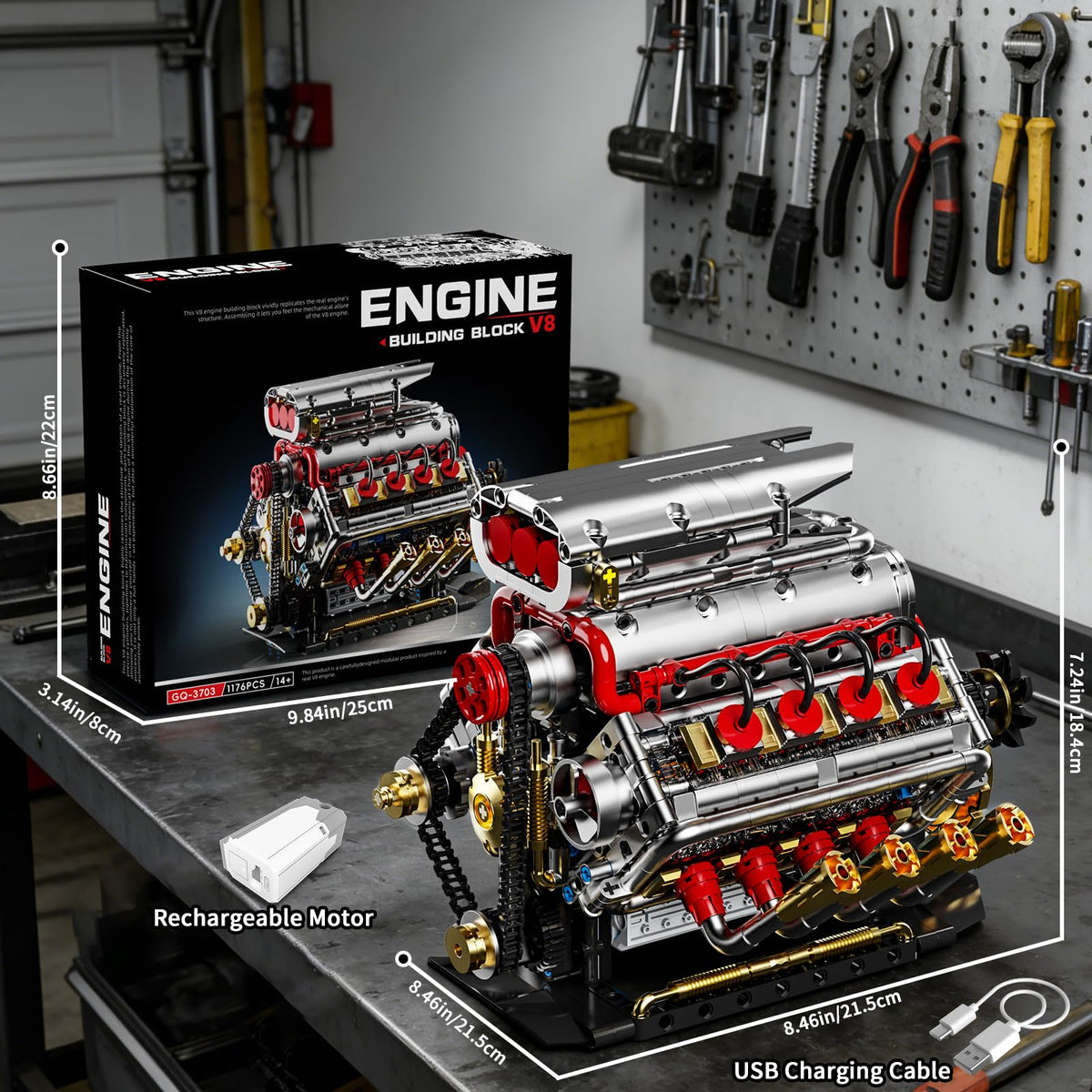 BseSparklion V8 engine showcased as a striking display piece for auto enthusiasts