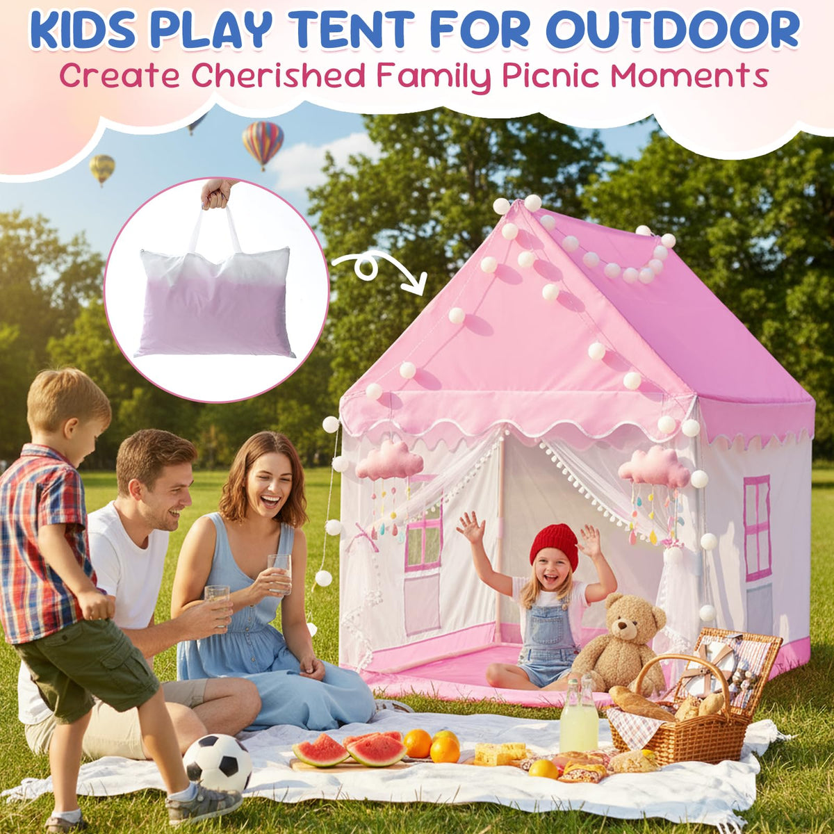 BSHAPPLUS pink play tent shown in a living room setup for family fun.