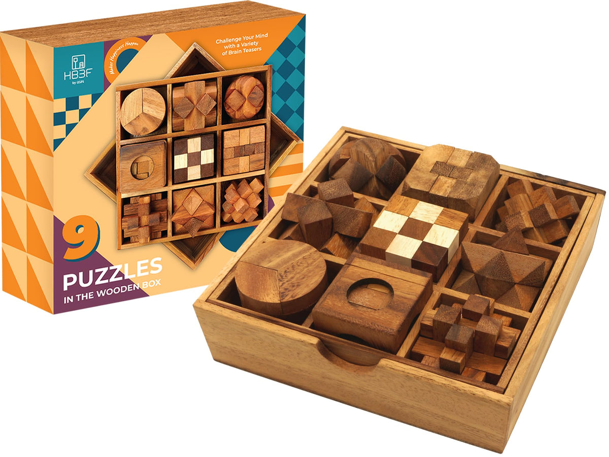 BSIRI 9-in-1 wooden brain teaser set with interlocking pieces for focused problem solving.
